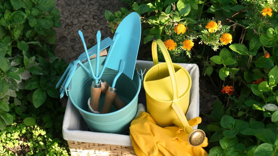 A basket with watering can, gardening tools and rubber gloves in the garden.