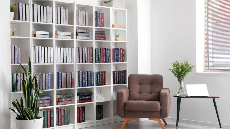 A well lit reading corner with sofa, side table, bookcase and indoor plant