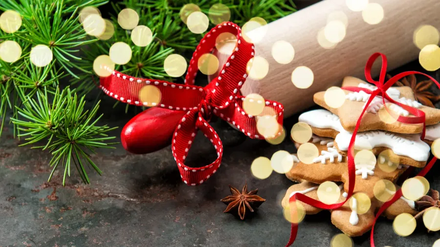 Christmas cookies evergreen tree branches decoration lights