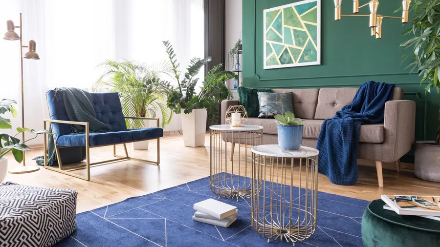 A living room with blue interior.
