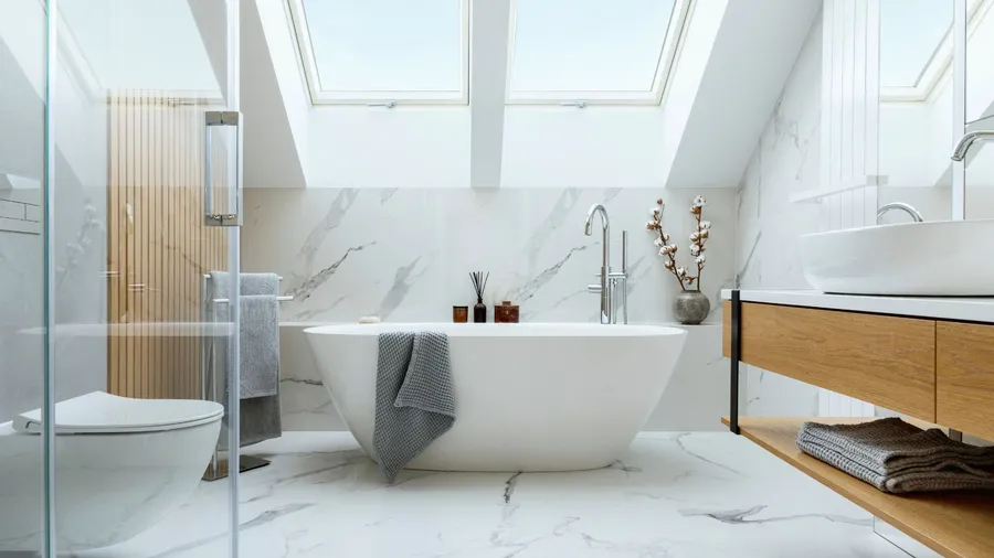 A modern glamorous bathroom interior design with marble panels, bathtub, towels, and other personal bathroom accessories.