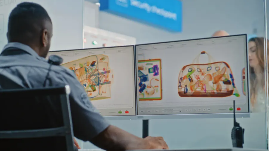 airport security checkpoint african american tsa worker controlling xray metal