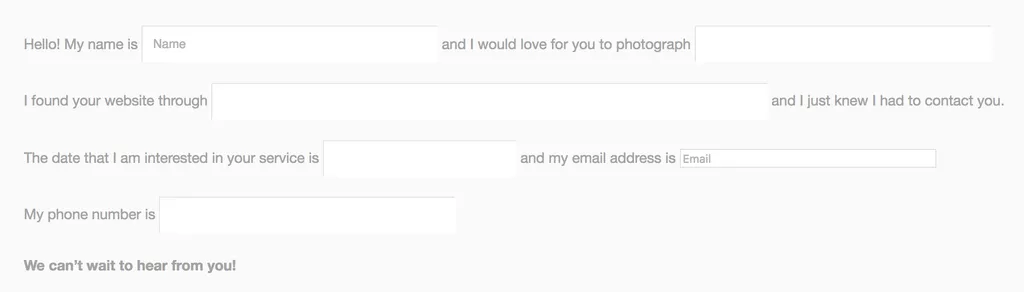 storyteller contact form example in a photography portfolio