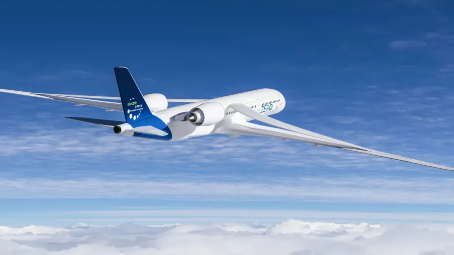 electric powered commercial airliner aeroplane flying in the bue sky