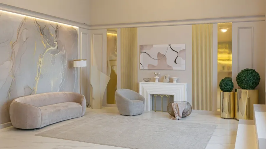 The latest fashion home trends in an ultra modern elegant interior of a cozy studio in soft pastel colors.